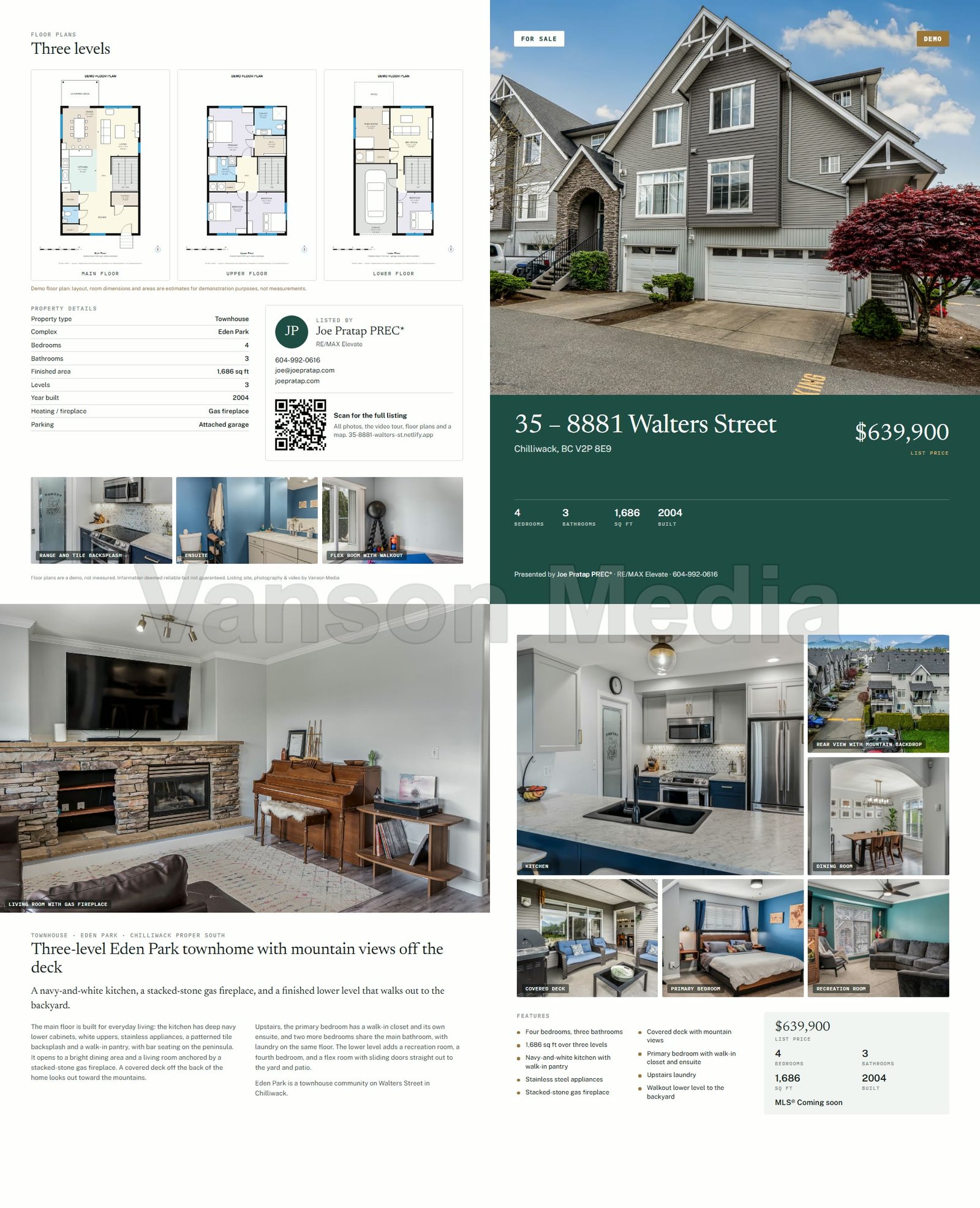 Sample feature sheet with hero photo, floor plans and property details
